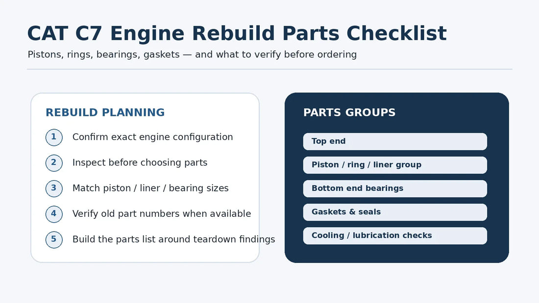 CAT C7 engine rebuild parts checklist for pistons rings bearings gaskets and ordering verification