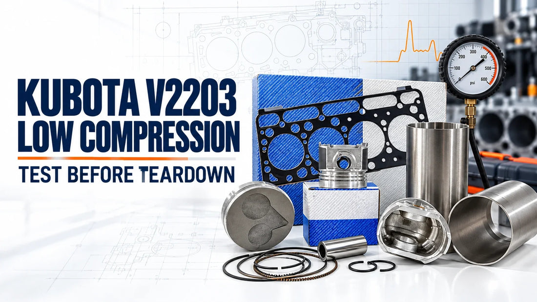 Kubota V2203 low compression diagnostic guide cover with piston, liner, head gasket and compression gauge