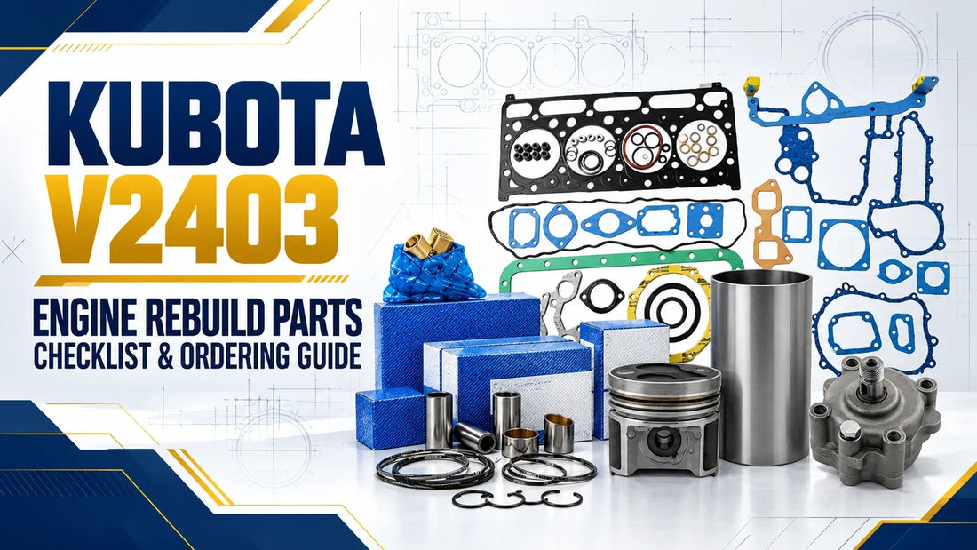 Kubota V2403 engine rebuild parts checklist cover with gasket kit, piston, liner and oil pump